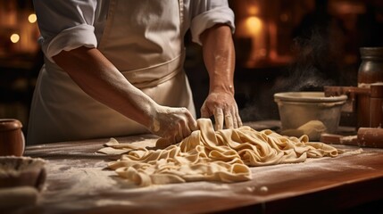 person making pasta by hand in an Italian kitchen. generative ai - obrazy, fototapety, plakaty