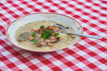 Deep porcelain plate full of tasty and healthy garlic soup the dish typical for cuisine of Czech Republic made from beef stock, potatoes, eggs and fresh minced garlic served with roasted bread crumbs.