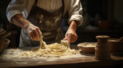 person making pasta by hand in an Italian kitchen. generative ai