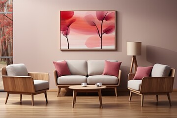 A modern, stylish, and minimalist Scandinavian apartment featuring elegant and calming design. The image showcases contemporary furniture and decor, creating an inviting and chic living space.Wall art