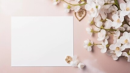 blank paper sheet for white wedding card mockup decorated with flowers and wedding rings in the corner, plain center position, mockup material or banner