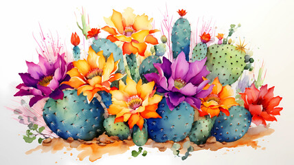 Arrangement of a watercolor green cactus with purple and orange flowers against a white background. This illustration showcases a tropical floral theme.