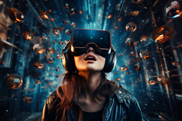 Portrait of sci-fi neon cyberpunk young woman with curly hair in a cyber science fiction mask. Concept of virtual reality in High-tech style. Copy space