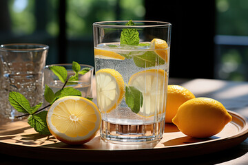 A glass of water with lemon slices, emphasizing the importance of hydration for overall health and wellness. Generative Ai.