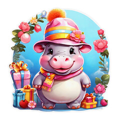 Sticker isolated cute cartoon hippo wearing a pink hat  and scarf on nature background. Transparent background. Generative AI