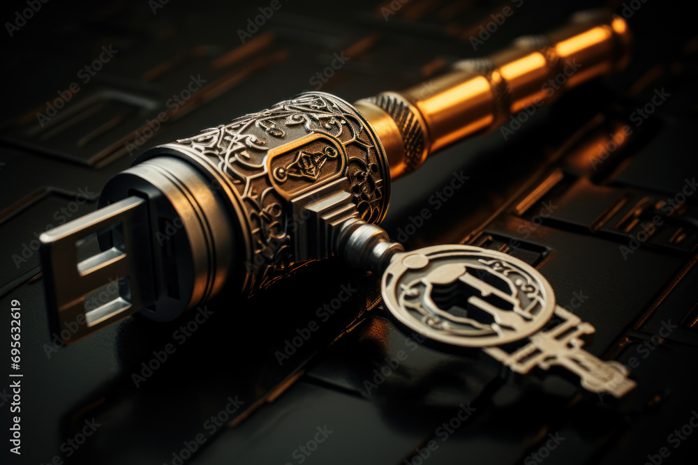Poster a key turning in a lock, symbolizing the unlocking of potential and opportunities as a result of a c