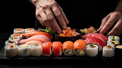 hands of a person expertly assembling sushi generative ai