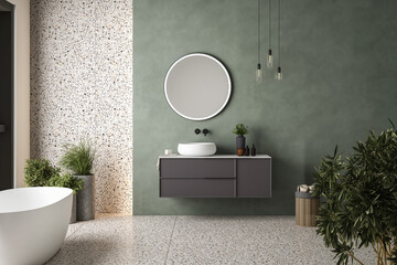 Modern minimalist bathroom interior,gray bathroom cabinet, white sink, wooden vanity, interior...