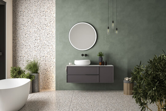 Modern minimalist bathroom interior,gray bathroom cabinet, white sink, wooden vanity, interior plants, bathroom accessories, white bathtub, green wall, terrazzo flooring