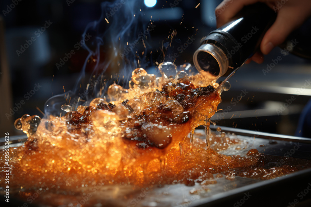 Poster a chef using a blowtorch to caramelize sugar on a dessert, showcasing the precise application of hea