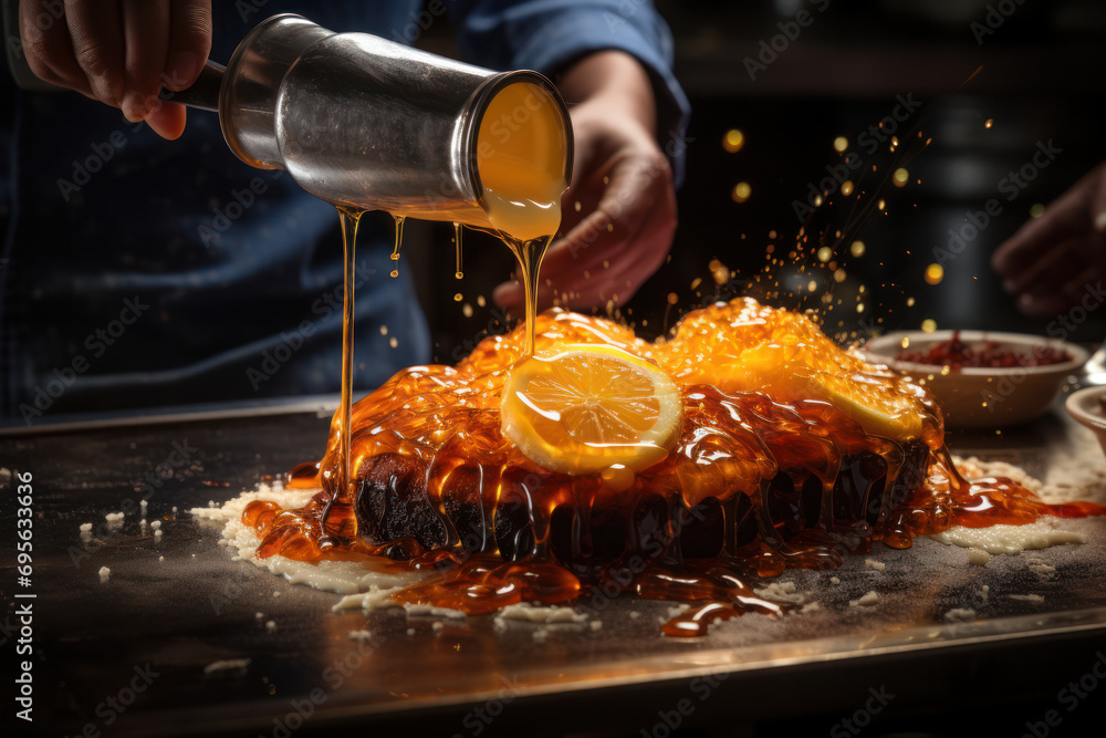 Poster a chef using a blowtorch to caramelize sugar on a dessert, showcasing the precise application of hea