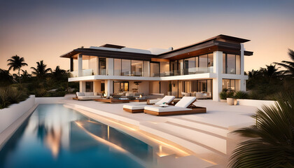luxury modern home in the morning evening