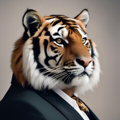 A suave tiger in a tailored suit, posing for a portrait with a dignified and powerful aura2