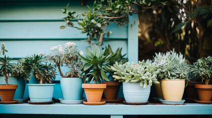 Assorted succulent plants in colorful pots on a blue wooden shelf.