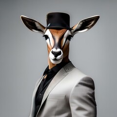 A fashionable antelope in modern clothing, posing for a portrait with graceful movements1 - obrazy, fototapety, plakaty