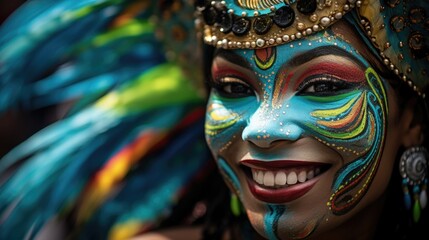 vibrant costumes and joyful faces of Carnival dancers in Barranquilla generative ai - obrazy, fototapety, plakaty