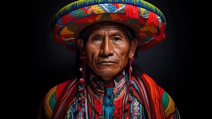 Obraz premium man proudly wearing a Peruvian traditional costume, showcasing vibrant patterns generative ai