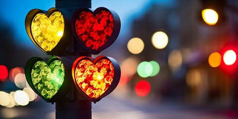 Heart-shaped Traffic Lights in Evening Cityscape. Generative ai - obrazy, fototapety, plakaty