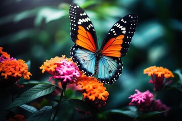 Close-up of a colorful butterfly on a blooming flower, symbolizing beauty and nature.