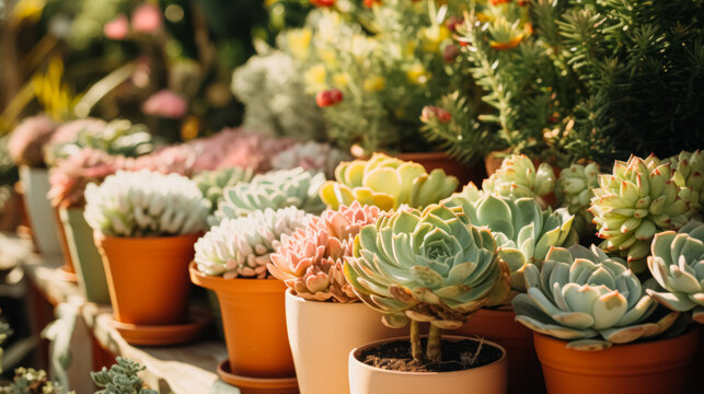 Colorful succulents in terracotta pots basking in sunlight, with varied textures and shapes.
