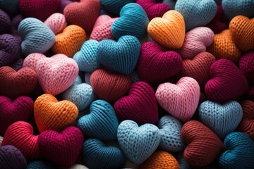 background with hearts made of wool. Homemade crafts