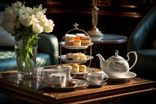 Elegant afternoon tea setup with fine china and delicate pastries.