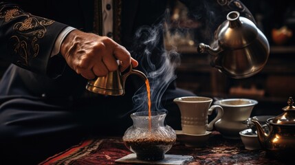 Person skillfully pouring and brewing traditional Turkish coffee. generative ai - obrazy, fototapety, plakaty