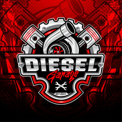 Diesel auto repair and garage logo template. Emblem with gear, turbo, and piston elements. - obrazy, fototapety, plakaty