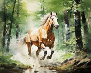 Horse running in the forest. Watercolor painting. Illustration.