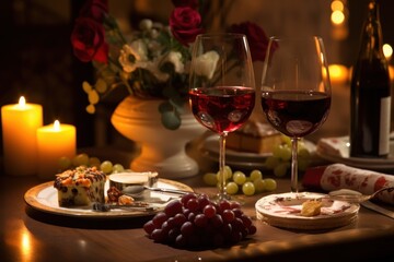 Romantic candlelit dinner setting with elegant tableware and wine.