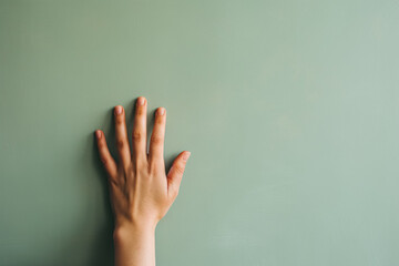 A single human hand with visible fingers is placed against a plain greenish background, suggesting concepts of touch, feel, or gentle interaction. - obrazy, fototapety, plakaty