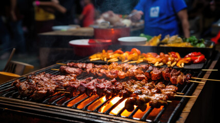 Naklejka premium person skillfully grilling skewers for a Chinese barbecue generative ai
