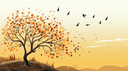 Autumn Migratory birds and tree hand drawing
