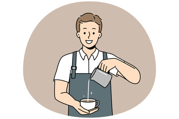 Smiling male barista in apron making cappuccino in cup. Happy man waiter prepare coffee in cafe show good quality service. Coffee shop art. Vector illustration.