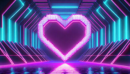 3d render, pixel heart frame, heart shape, empty space, ultraviolet light, 80's retro style, fashion show stage, abstract background, illuminate frame design