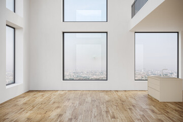 Modern empty apartment interior with white walls and big panorama windows.