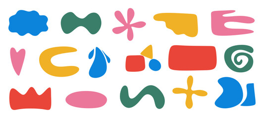Set of abstract shapes. Contemporary trendy graphic elements. Hand drawn various shapes and doodle objects. Minimal art illustration with colored graphic forms isolated. Multicolor vector illustration