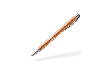 Pink coral pen flying isolated on white background. Metallic ball pen in trendy color 2024 Peach Fuzz
