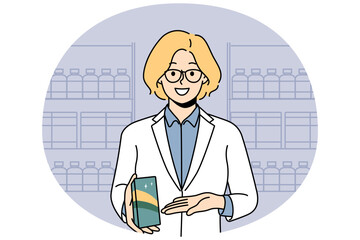 Smiling female pharmacist recommend medication in drugstore. Happy woman specialist in uniform show at bottle give recommendation to medicament. Vector illustration.