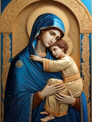 Divine embrace: the sacred icon of the mother of god holding jesus christ in her arms, a timeless depiction of maternal love, spiritual connection, and the profound bond in religious artistry. © Alla