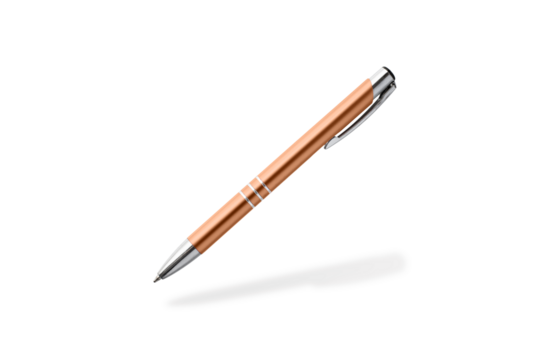 Pink coral pen flying isolated on white background. Metallic ball pen in trendy color 2024 Peach Fuzz