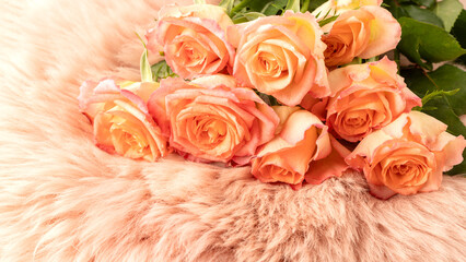 Bouquet of pink orange rose flowers lying on peach color fur plaid. Natural fur rug toned in trendy...