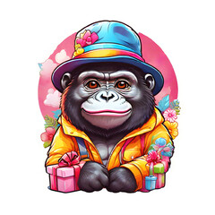 Sticker isolated cute cartoon gorilla wearing a blue hat, yellow jacket  with gift boxes on nature background. Transparent background.  Generative AI