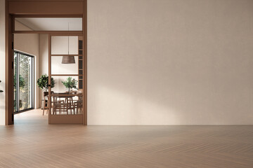 Modern interior design of apartment, dining room with table and chairs, empty living room with...