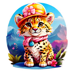 Sticker isolated cute cartoon leopard wearing a yellow hat, pink scarf  on nature background. Transparent background. Generative AI