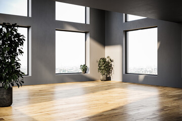 Modern empty apartment interior with gray walls and big panorama windows.