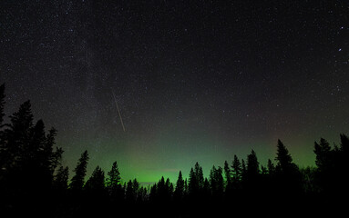 A night sky image of a star filled sky with a bright meteor and green Aurora.  The midground is...