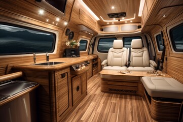 Luxury van interior. Window vacation. Generate Ai