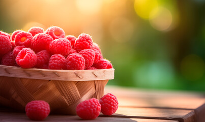 Fresh raspberries on wooden table in sunny forest background with copy space