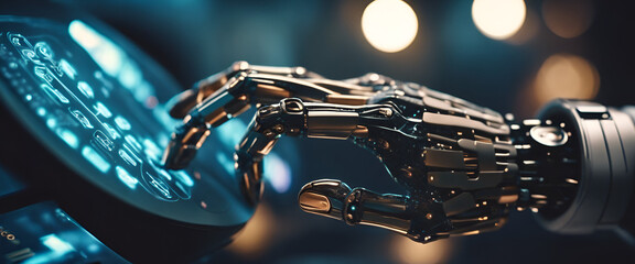 Future Tech Nexus: Artificial Intelligence in a Dark Metallic Background | Robotic Hand Symbolizing Innovation, Connectivity, and the Future of Technology.